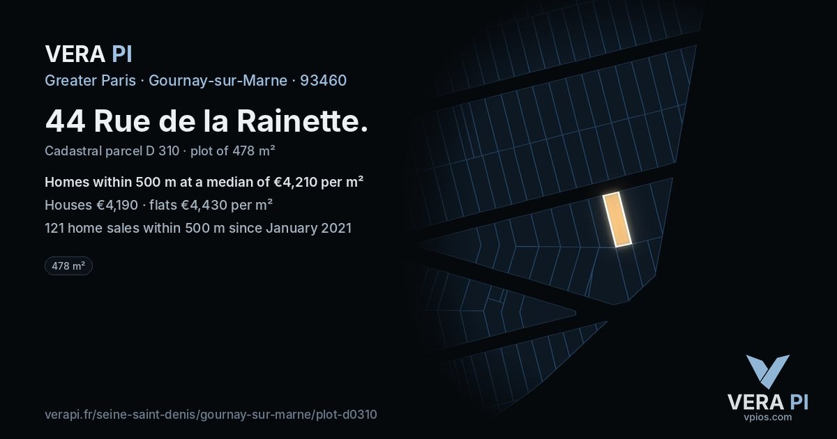44 Rue de la Rainette, Gournay-sur-Marne at night – the plot lit, the parcels around coloured by the prices near them