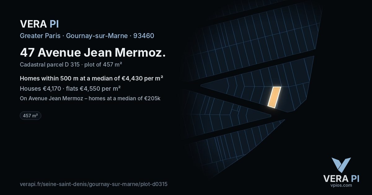 47 Avenue Jean Mermoz, Gournay-sur-Marne at night – the plot lit, the parcels around coloured by the prices near them