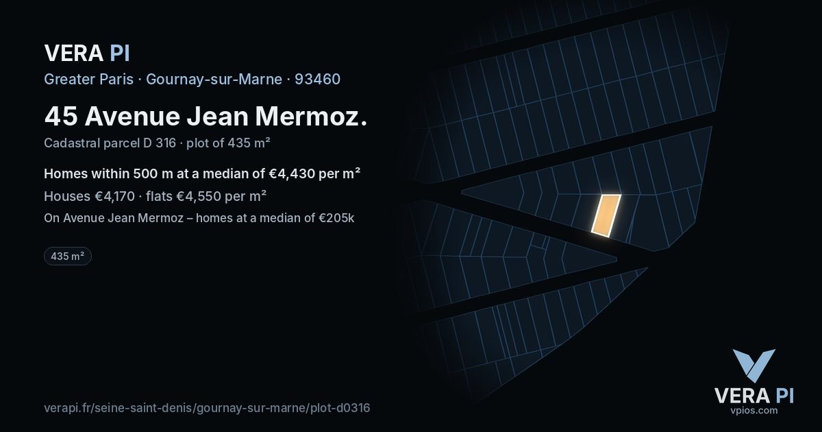 45 Avenue Jean Mermoz, Gournay-sur-Marne at night – the plot lit, the parcels around coloured by the prices near them
