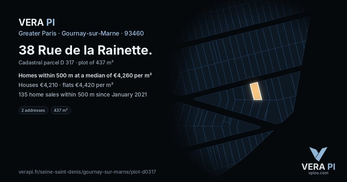 38 Rue de la Rainette, Gournay-sur-Marne at night – the plot lit, the parcels around coloured by the prices near them