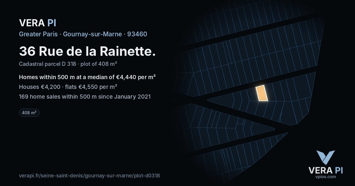 36 Rue de la Rainette, Gournay-sur-Marne at night – the plot lit, the parcels around coloured by the prices near them