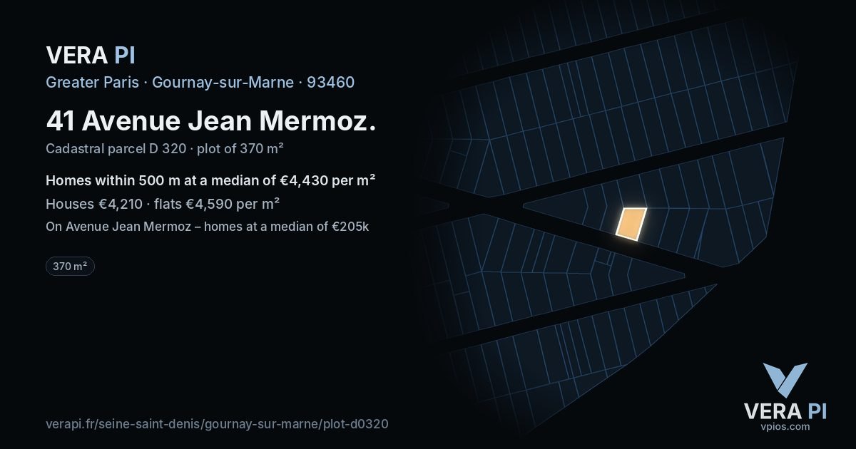 41 Avenue Jean Mermoz, Gournay-sur-Marne at night – the plot lit, the parcels around coloured by the prices near them