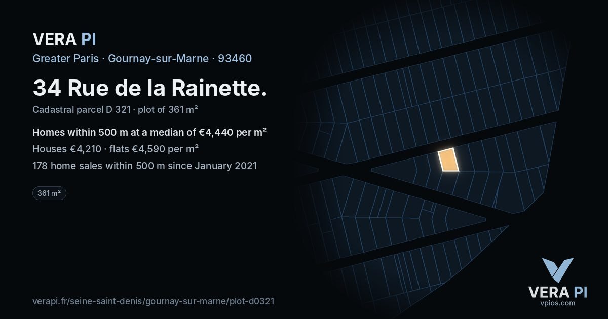 34 Rue de la Rainette, Gournay-sur-Marne at night – the plot lit, the parcels around coloured by the prices near them