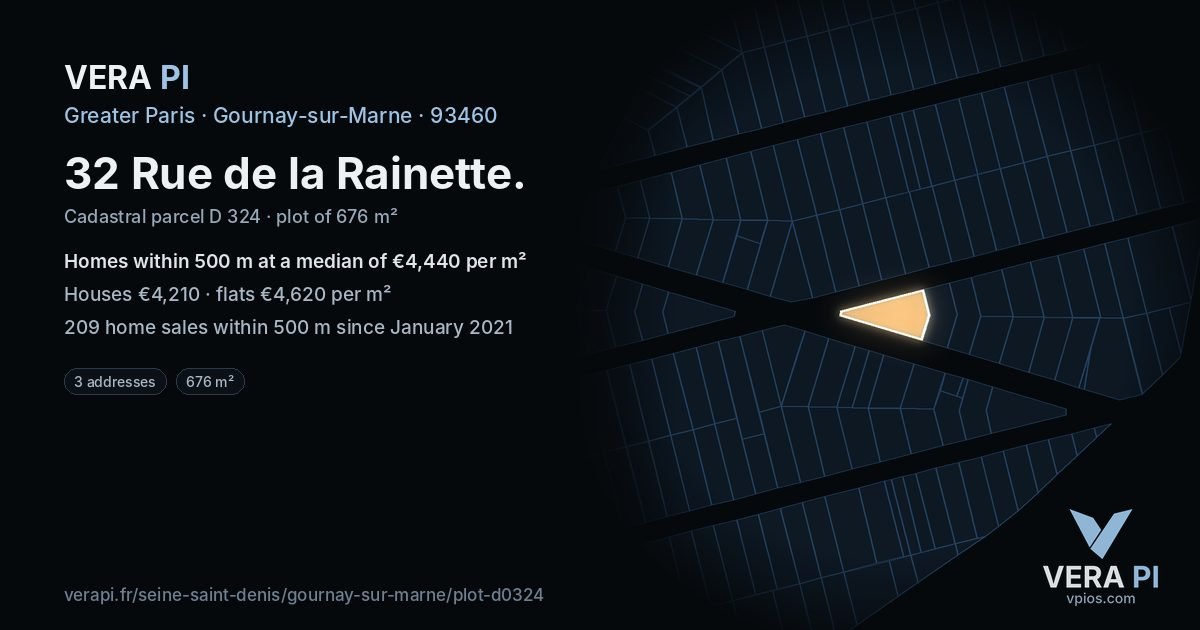 32 Rue de la Rainette, Gournay-sur-Marne at night – the plot lit, the parcels around coloured by the prices near them