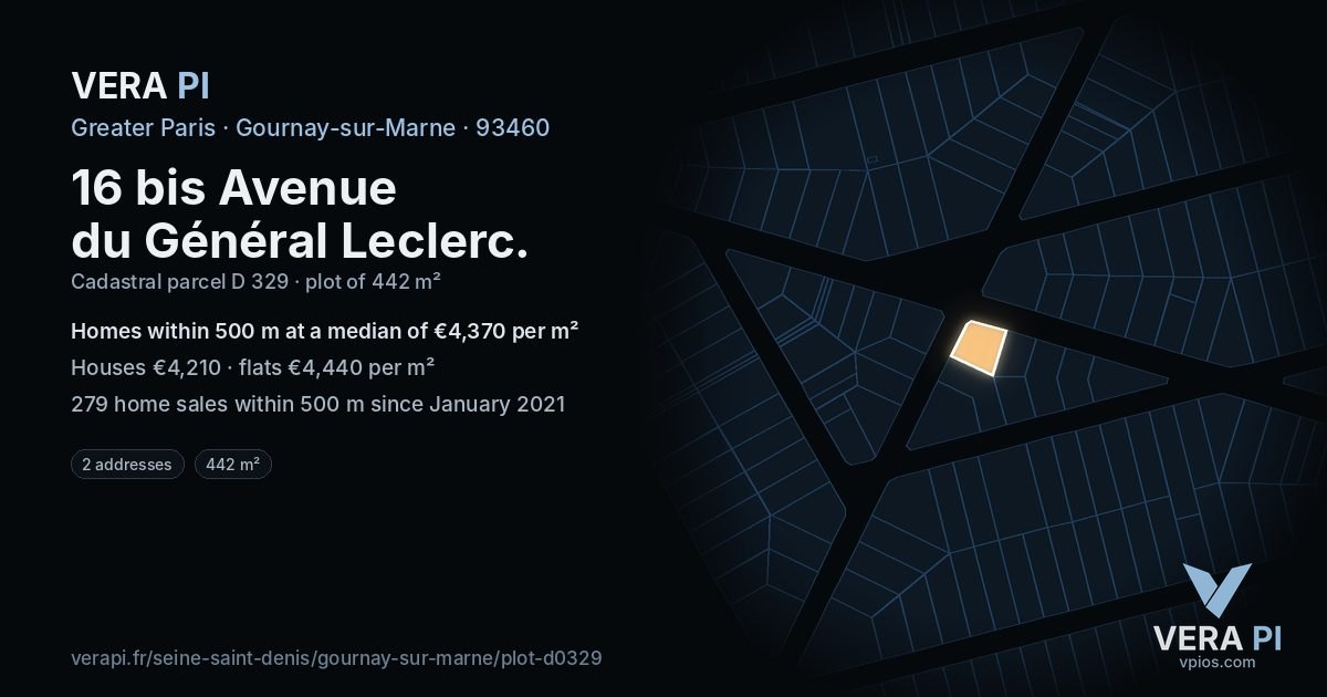 16 bis Avenue du Général Leclerc, Gournay-sur-Marne at night – the plot lit, the parcels around coloured by the prices near them