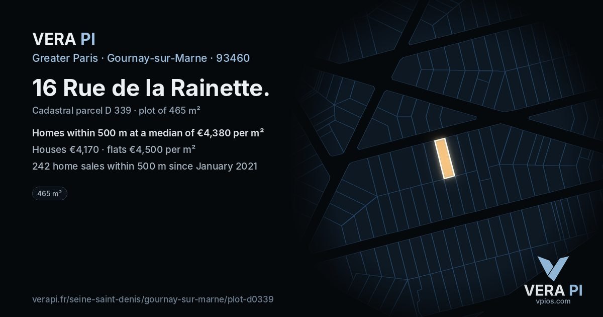16 Rue de la Rainette, Gournay-sur-Marne at night – the plot lit, the parcels around coloured by the prices near them