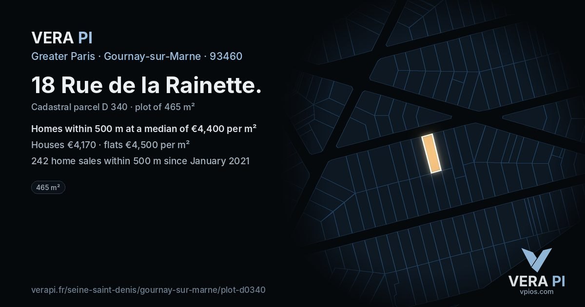 18 Rue de la Rainette, Gournay-sur-Marne at night – the plot lit, the parcels around coloured by the prices near them