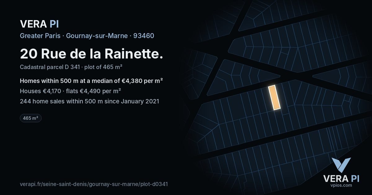 20 Rue de la Rainette, Gournay-sur-Marne at night – the plot lit, the parcels around coloured by the prices near them