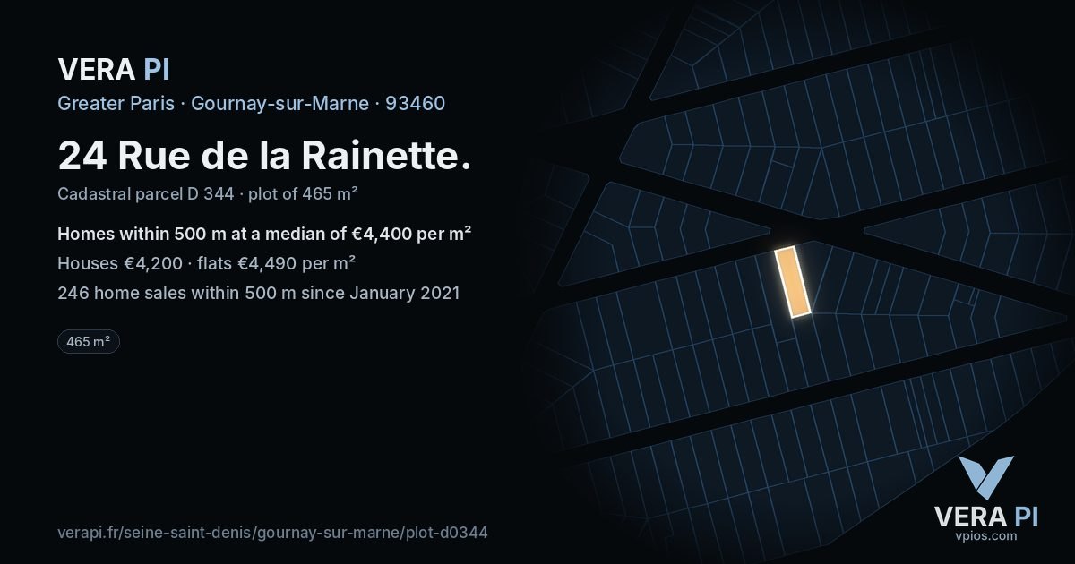 24 Rue de la Rainette, Gournay-sur-Marne at night – the plot lit, the parcels around coloured by the prices near them