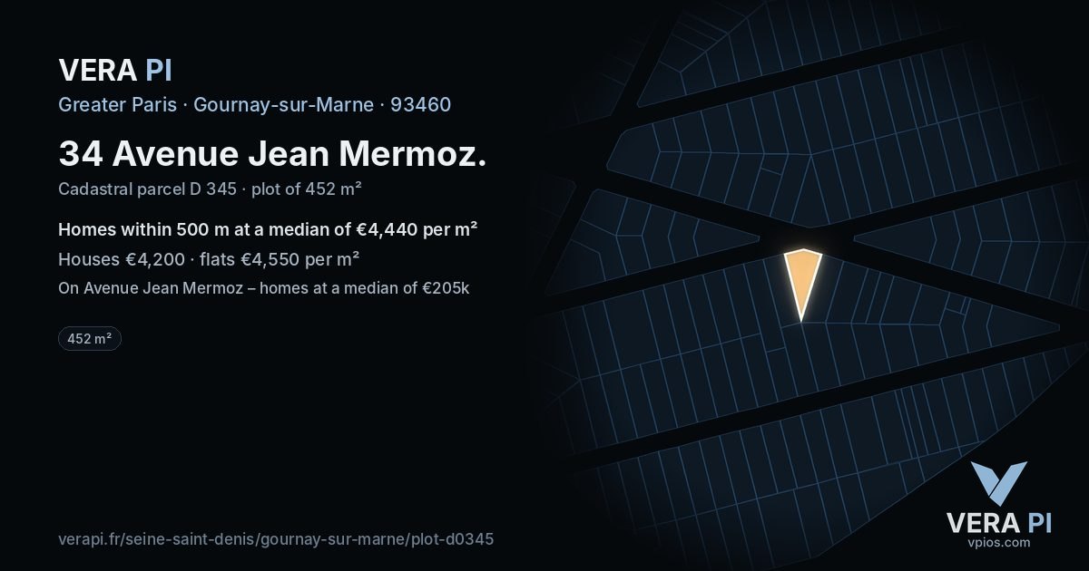 34 Avenue Jean Mermoz, Gournay-sur-Marne at night – the plot lit, the parcels around coloured by the prices near them