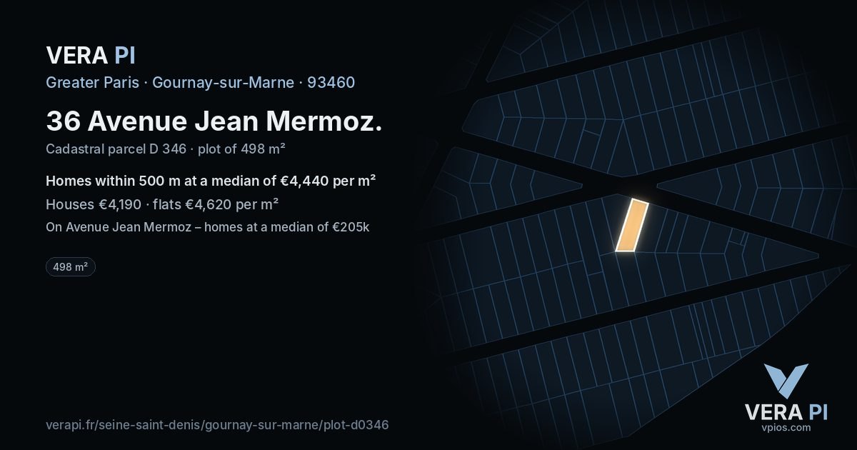 36 Avenue Jean Mermoz, Gournay-sur-Marne at night – the plot lit, the parcels around coloured by the prices near them