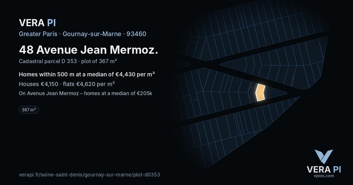 48 Avenue Jean Mermoz, Gournay-sur-Marne at night – the plot lit, the parcels around coloured by the prices near them