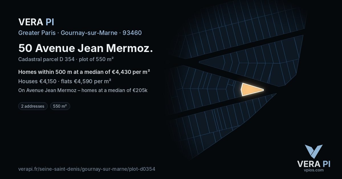 50 Avenue Jean Mermoz, Gournay-sur-Marne at night – the plot lit, the parcels around coloured by the prices near them