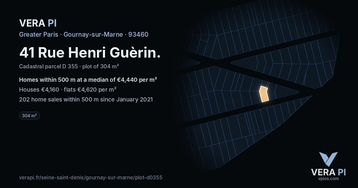 41 Rue Henri Guèrin, Gournay-sur-Marne at night – the plot lit, the parcels around coloured by the prices near them