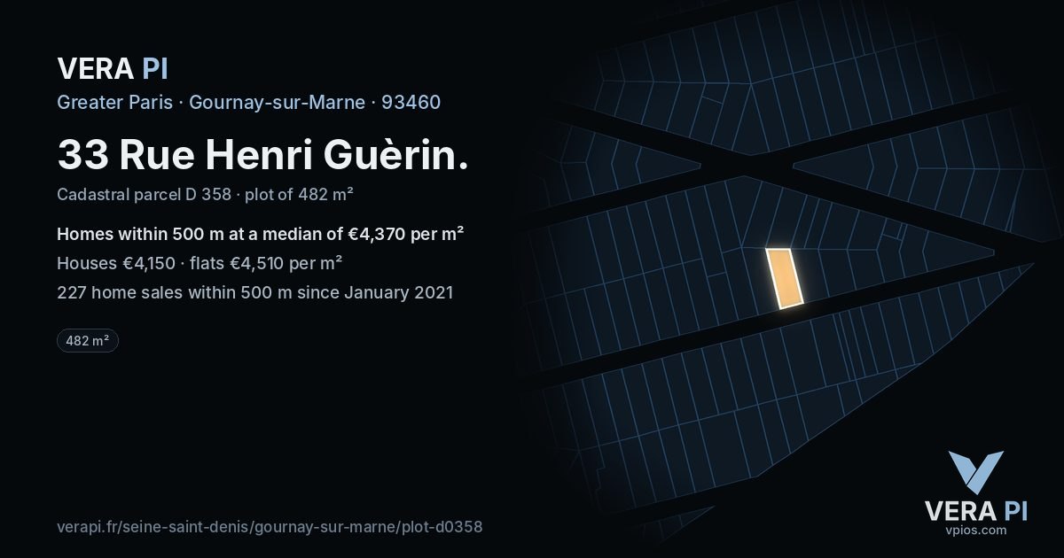 33 Rue Henri Guèrin, Gournay-sur-Marne at night – the plot lit, the parcels around coloured by the prices near them