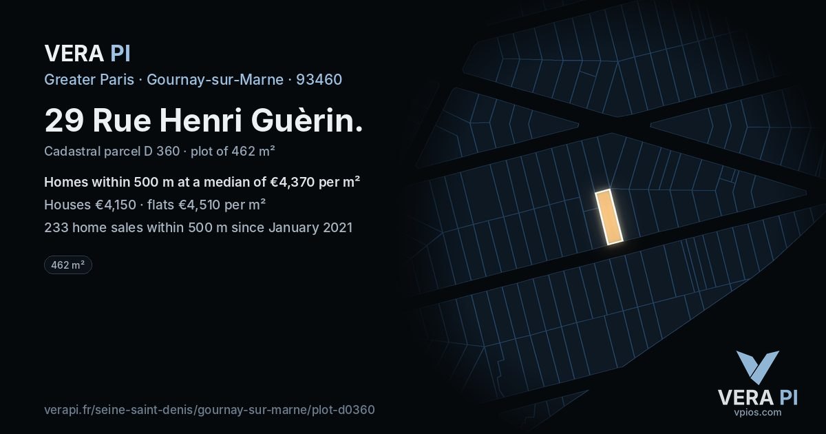 29 Rue Henri Guèrin, Gournay-sur-Marne at night – the plot lit, the parcels around coloured by the prices near them