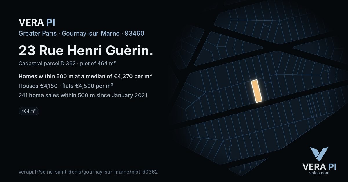 23 Rue Henri Guèrin, Gournay-sur-Marne at night – the plot lit, the parcels around coloured by the prices near them
