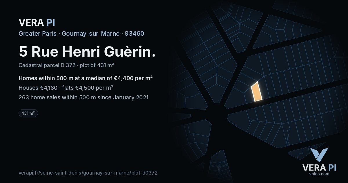 5 Rue Henri Guèrin, Gournay-sur-Marne at night – the plot lit, the parcels around coloured by the prices near them