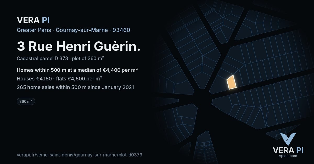 3 Rue Henri Guèrin, Gournay-sur-Marne at night – the plot lit, the parcels around coloured by the prices near them