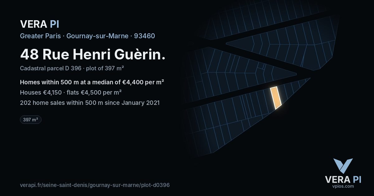 48 Rue Henri Guèrin, Gournay-sur-Marne at night – the plot lit, the parcels around coloured by the prices near them