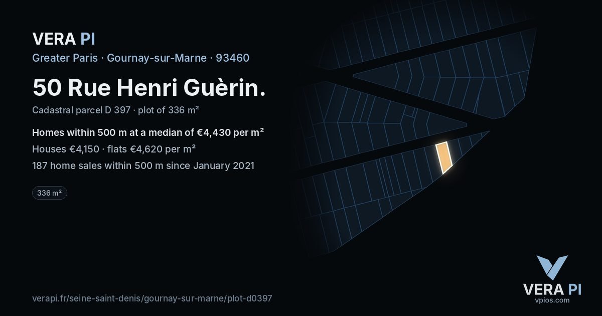 50 Rue Henri Guèrin, Gournay-sur-Marne at night – the plot lit, the parcels around coloured by the prices near them