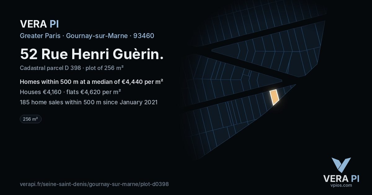 52 Rue Henri Guèrin, Gournay-sur-Marne at night – the plot lit, the parcels around coloured by the prices near them