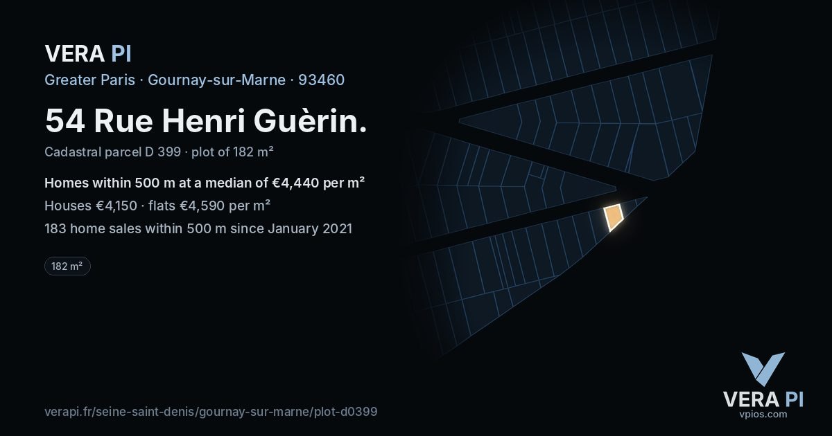 54 Rue Henri Guèrin, Gournay-sur-Marne at night – the plot lit, the parcels around coloured by the prices near them