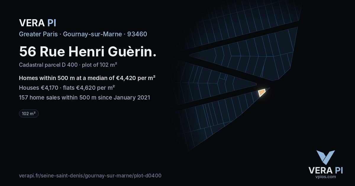 56 Rue Henri Guèrin, Gournay-sur-Marne at night – the plot lit, the parcels around coloured by the prices near them