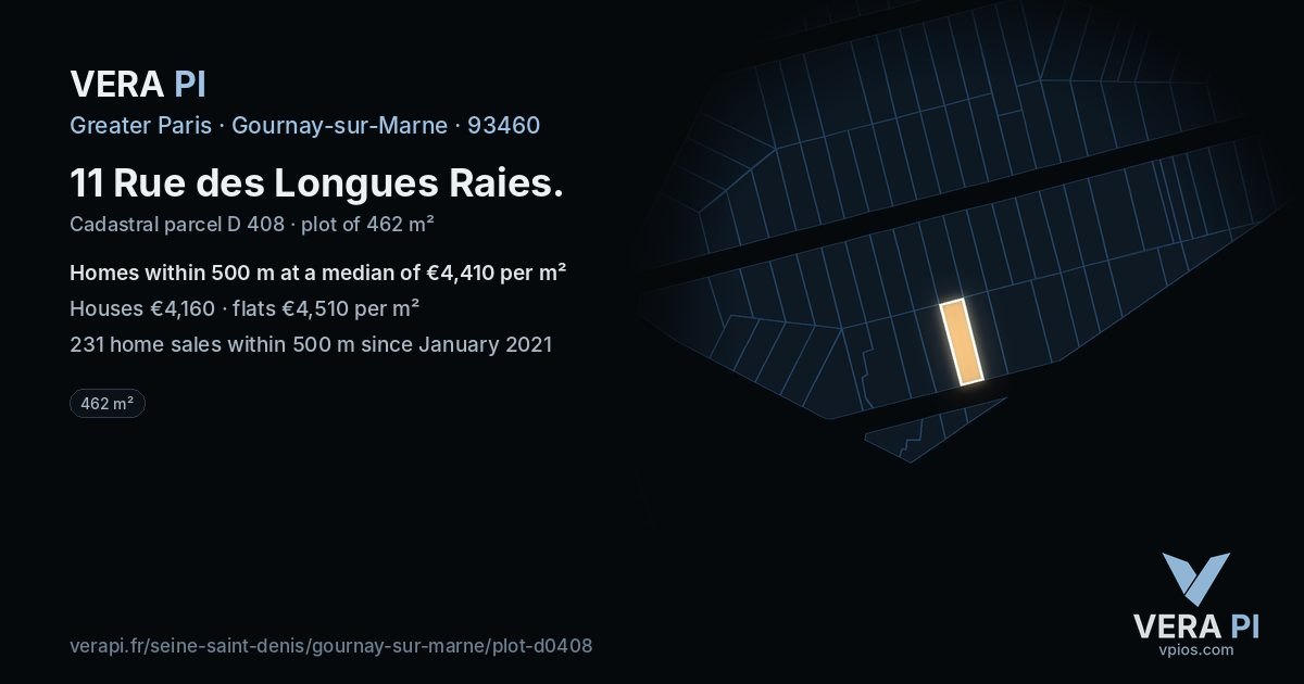 11 Rue des Longues Raies, Gournay-sur-Marne at night – the plot lit, the parcels around coloured by the prices near them