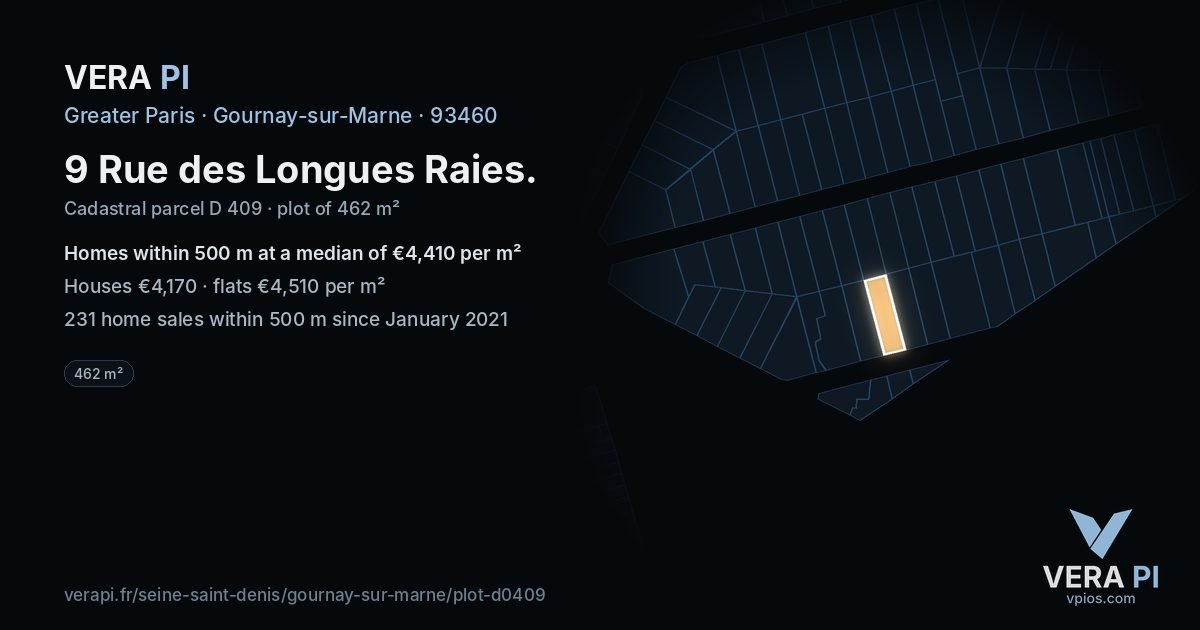 9 Rue des Longues Raies, Gournay-sur-Marne at night – the plot lit, the parcels around coloured by the prices near them
