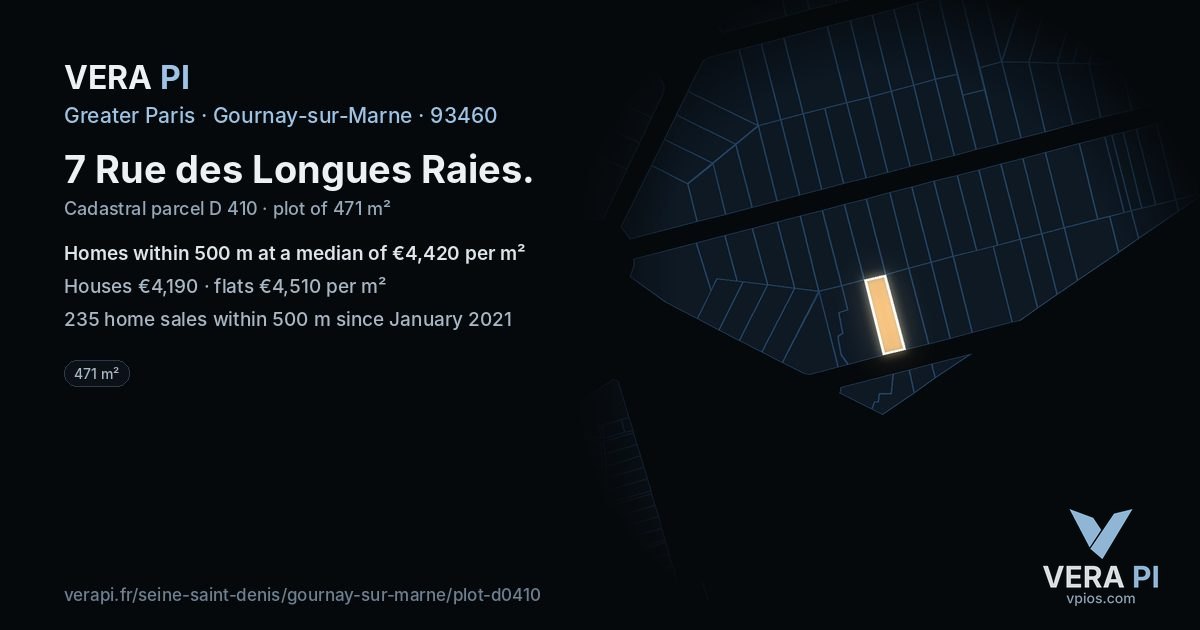 7 Rue des Longues Raies, Gournay-sur-Marne at night – the plot lit, the parcels around coloured by the prices near them