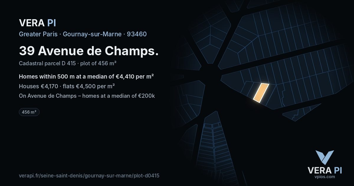 39 Avenue de Champs, Gournay-sur-Marne at night – the plot lit, the parcels around coloured by the prices near them