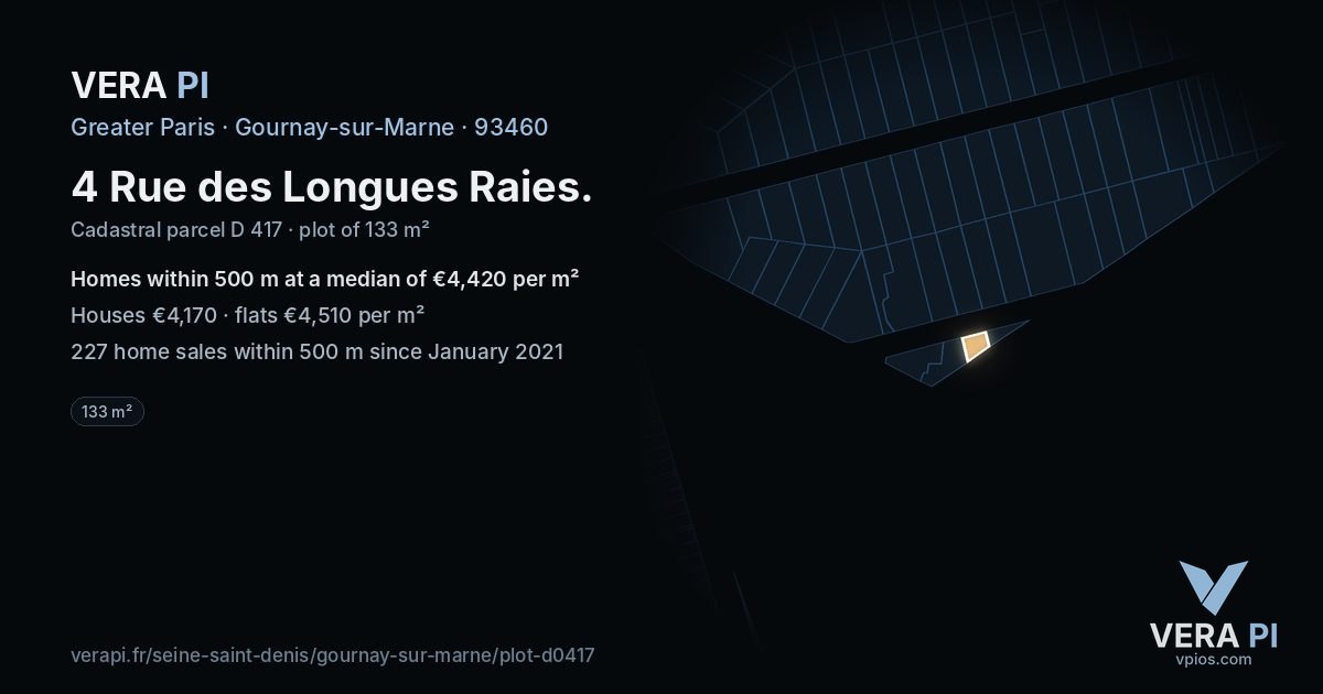 4 Rue des Longues Raies, Gournay-sur-Marne at night – the plot lit, the parcels around coloured by the prices near them