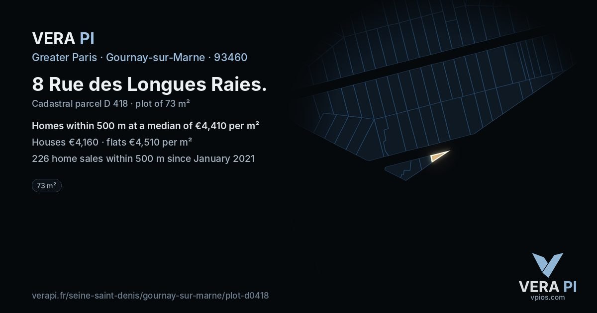 8 Rue des Longues Raies, Gournay-sur-Marne at night – the plot lit, the parcels around coloured by the prices near them