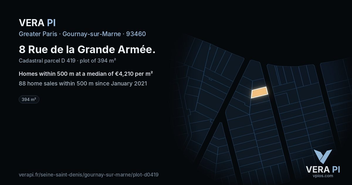 8 Rue de la Grande Armée, Gournay-sur-Marne at night – the plot lit, the parcels around coloured by the prices near them