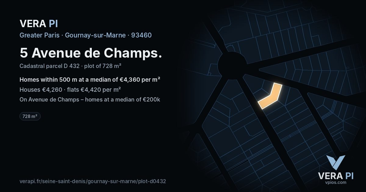 5 Avenue de Champs, Gournay-sur-Marne at night – the plot lit, the parcels around coloured by the prices near them