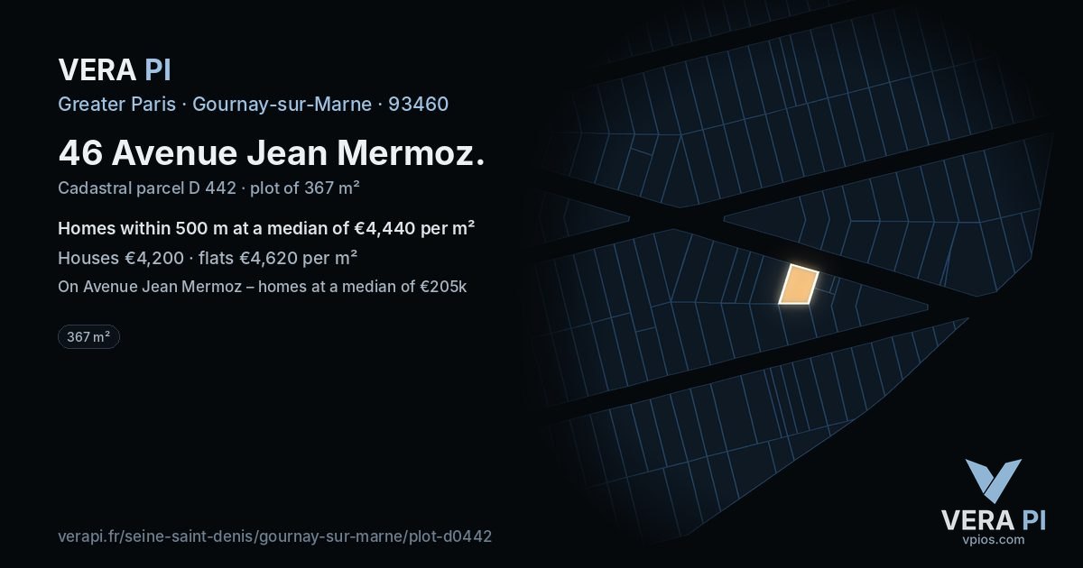 46 Avenue Jean Mermoz, Gournay-sur-Marne at night – the plot lit, the parcels around coloured by the prices near them