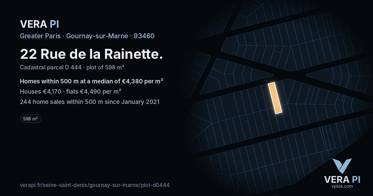 22 Rue de la Rainette, Gournay-sur-Marne at night – the plot lit, the parcels around coloured by the prices near them
