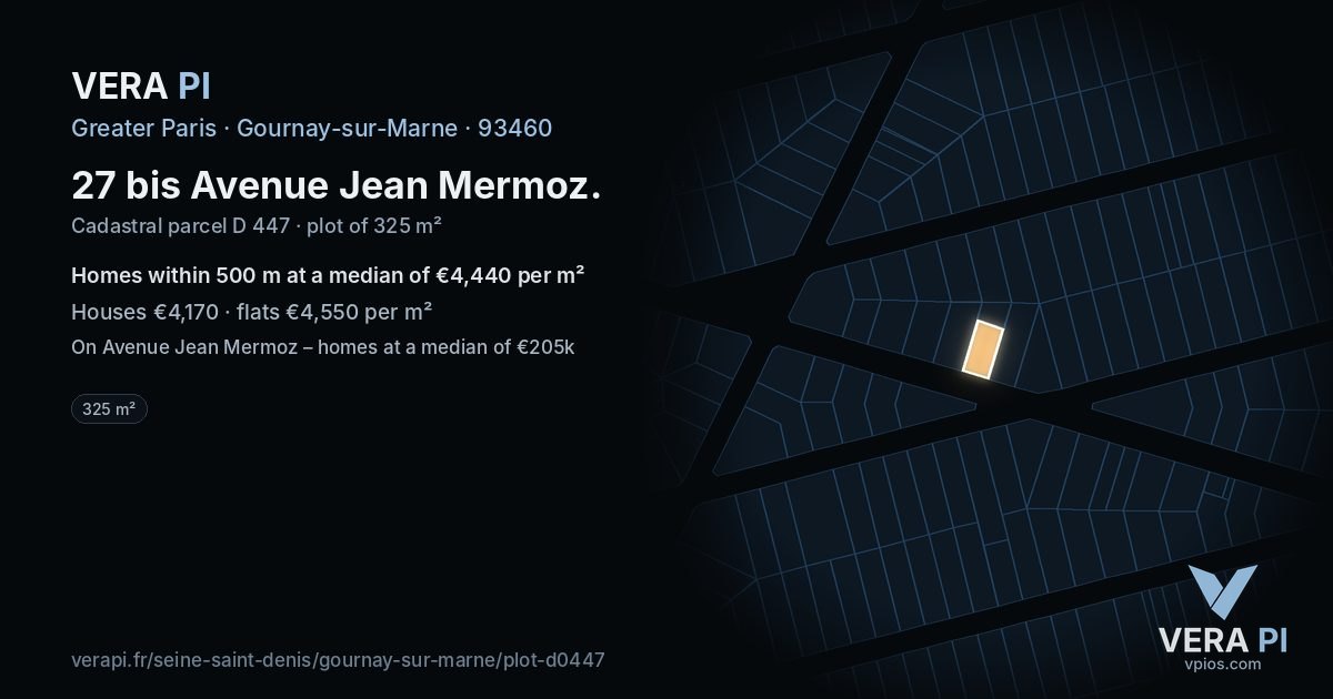 27 bis Avenue Jean Mermoz, Gournay-sur-Marne at night – the plot lit, the parcels around coloured by the prices near them