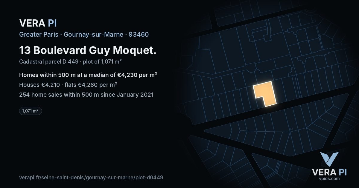 13 Boulevard Guy Moquet, Gournay-sur-Marne at night – the plot lit, the parcels around coloured by the prices near them