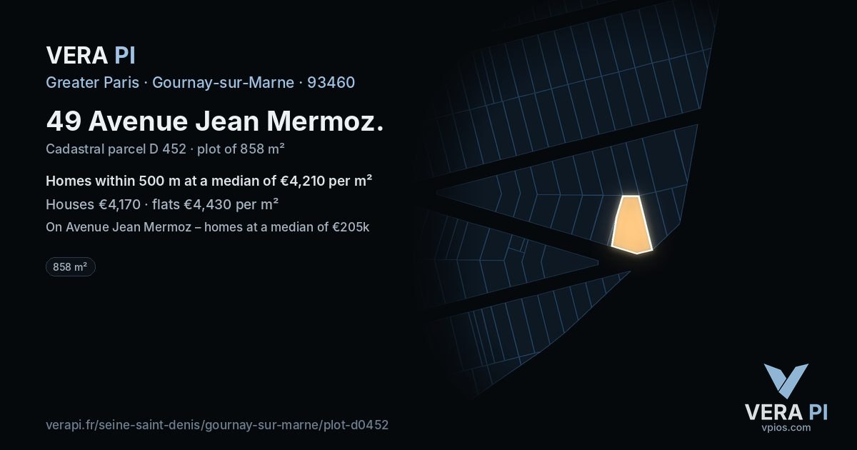 49 Avenue Jean Mermoz, Gournay-sur-Marne at night – the plot lit, the parcels around coloured by the prices near them