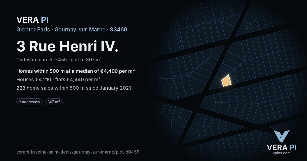 3 Rue Henri IV, Gournay-sur-Marne at night – the plot lit, the parcels around coloured by the prices near them