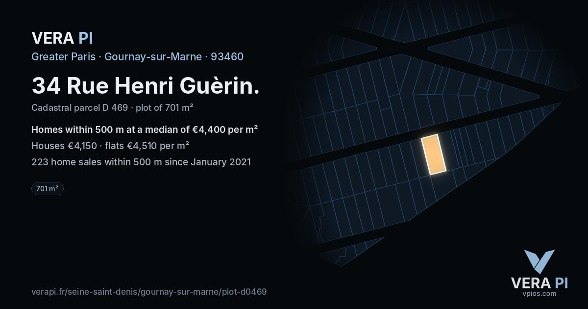 34 Rue Henri Guèrin, Gournay-sur-Marne at night – the plot lit, the parcels around coloured by the prices near them