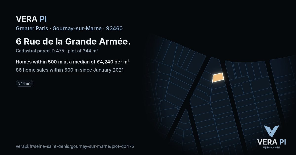 6 Rue de la Grande Armée, Gournay-sur-Marne at night – the plot lit, the parcels around coloured by the prices near them
