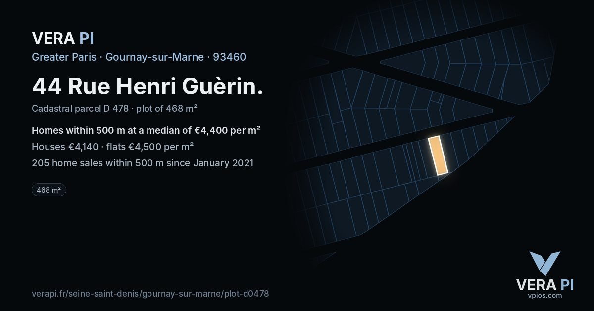 44 Rue Henri Guèrin, Gournay-sur-Marne at night – the plot lit, the parcels around coloured by the prices near them