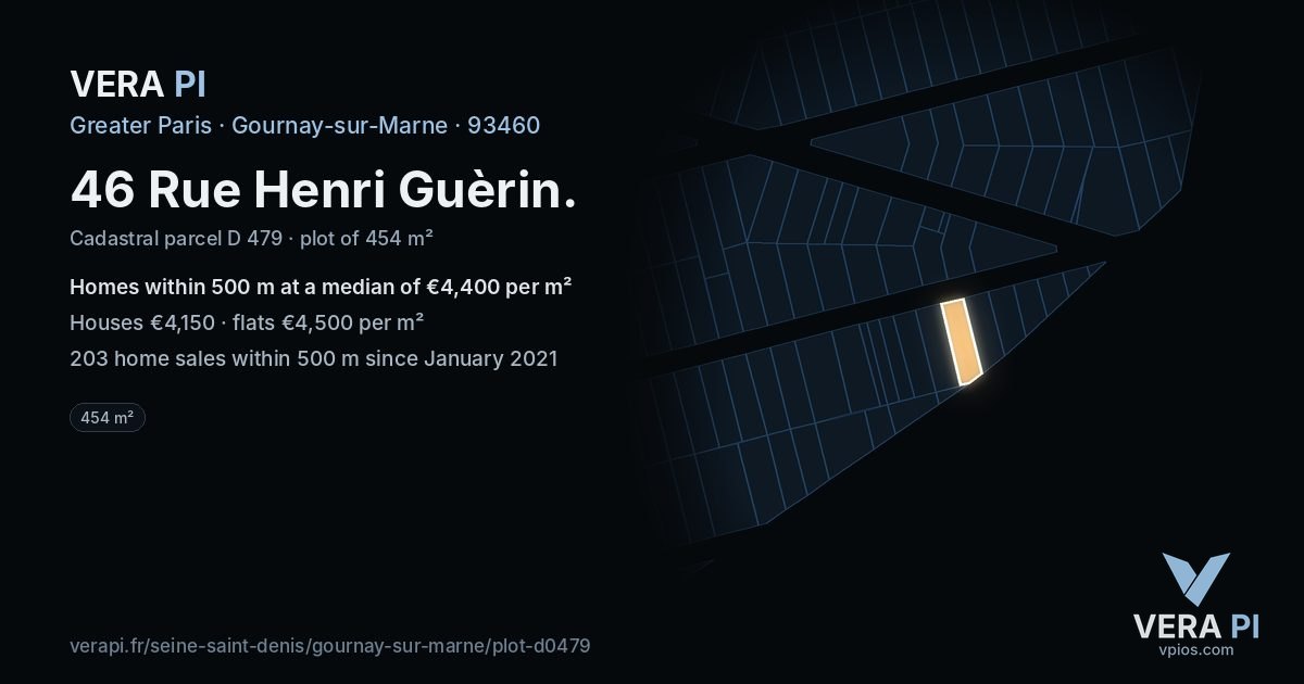46 Rue Henri Guèrin, Gournay-sur-Marne at night – the plot lit, the parcels around coloured by the prices near them