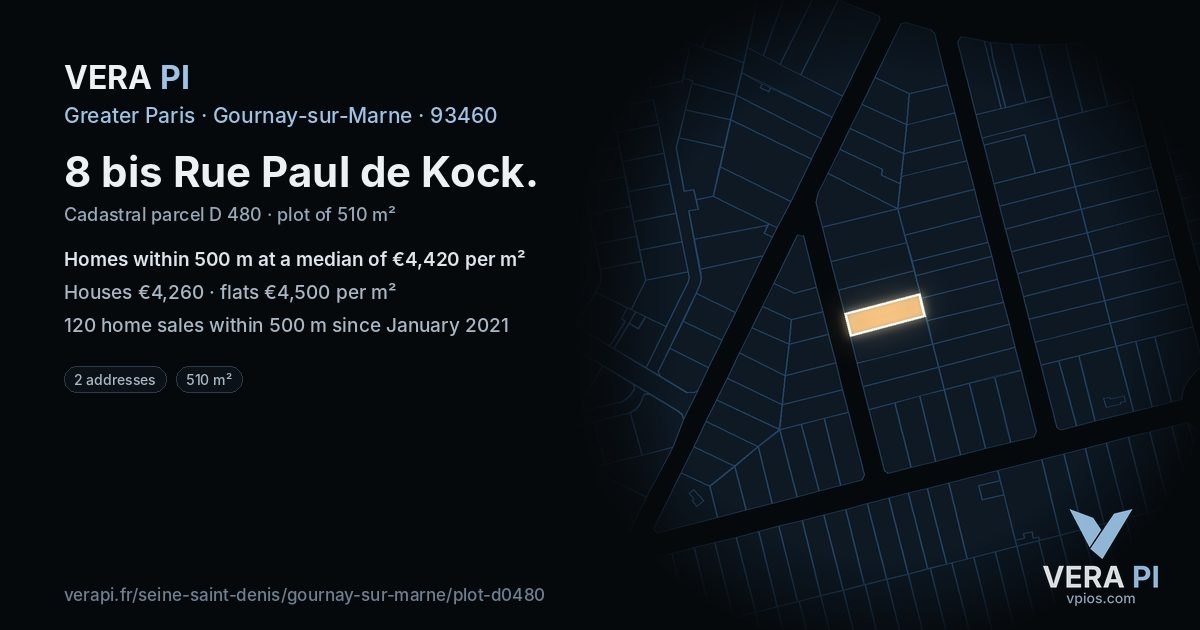 8 bis Rue Paul de Kock, Gournay-sur-Marne at night – the plot lit, the parcels around coloured by the prices near them