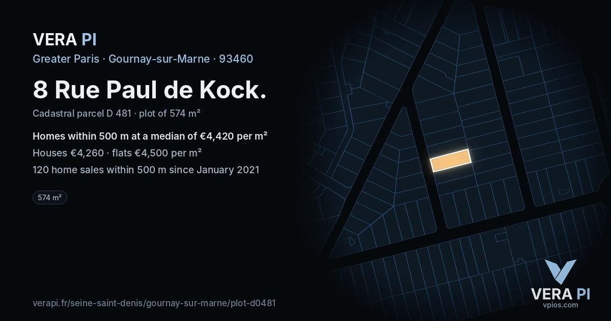 8 Rue Paul de Kock, Gournay-sur-Marne at night – the plot lit, the parcels around coloured by the prices near them