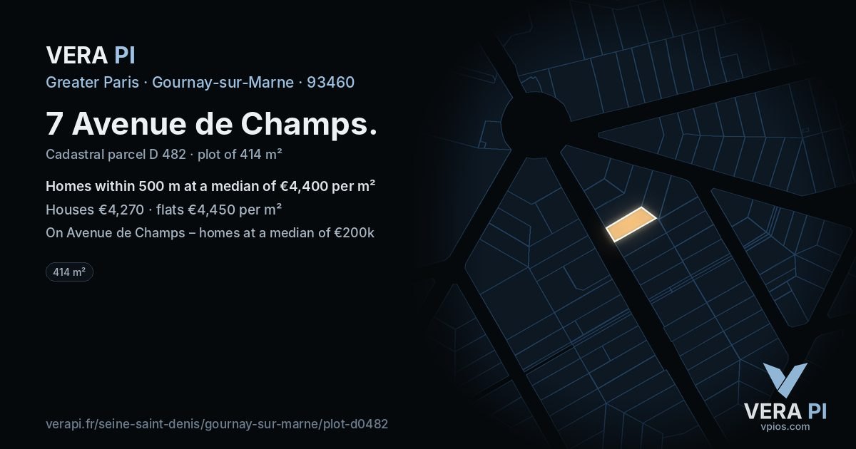 7 Avenue de Champs, Gournay-sur-Marne at night – the plot lit, the parcels around coloured by the prices near them