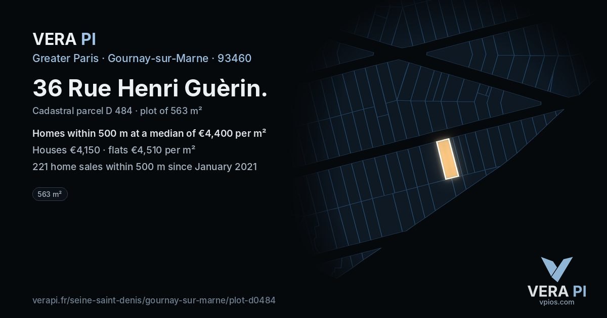 36 Rue Henri Guèrin, Gournay-sur-Marne at night – the plot lit, the parcels around coloured by the prices near them